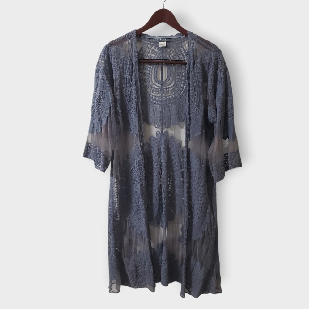 Accessory St Womens‎ Grey Sheer Floral Lace Embroidered Kimono Coverup One Size